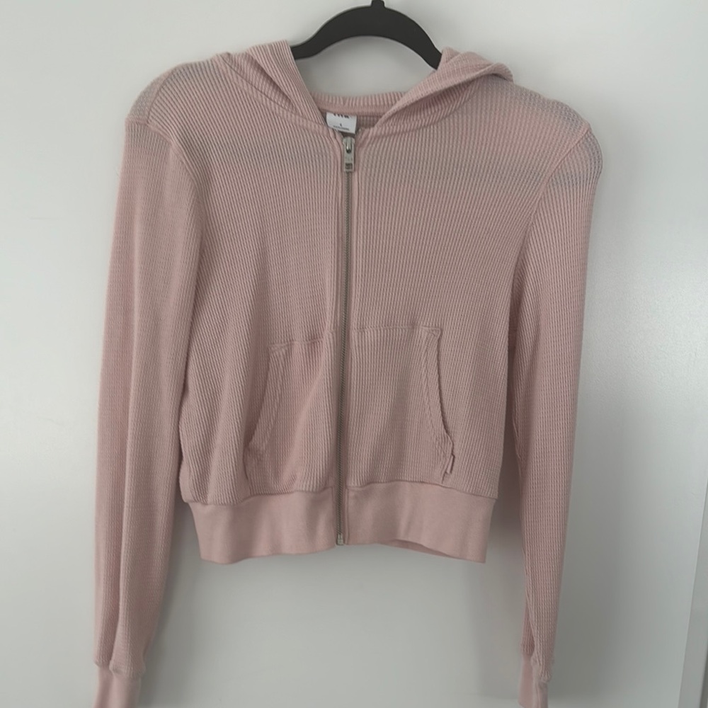 Women's Pink TNA WAFFLE Hooded Zip-Up Sweater